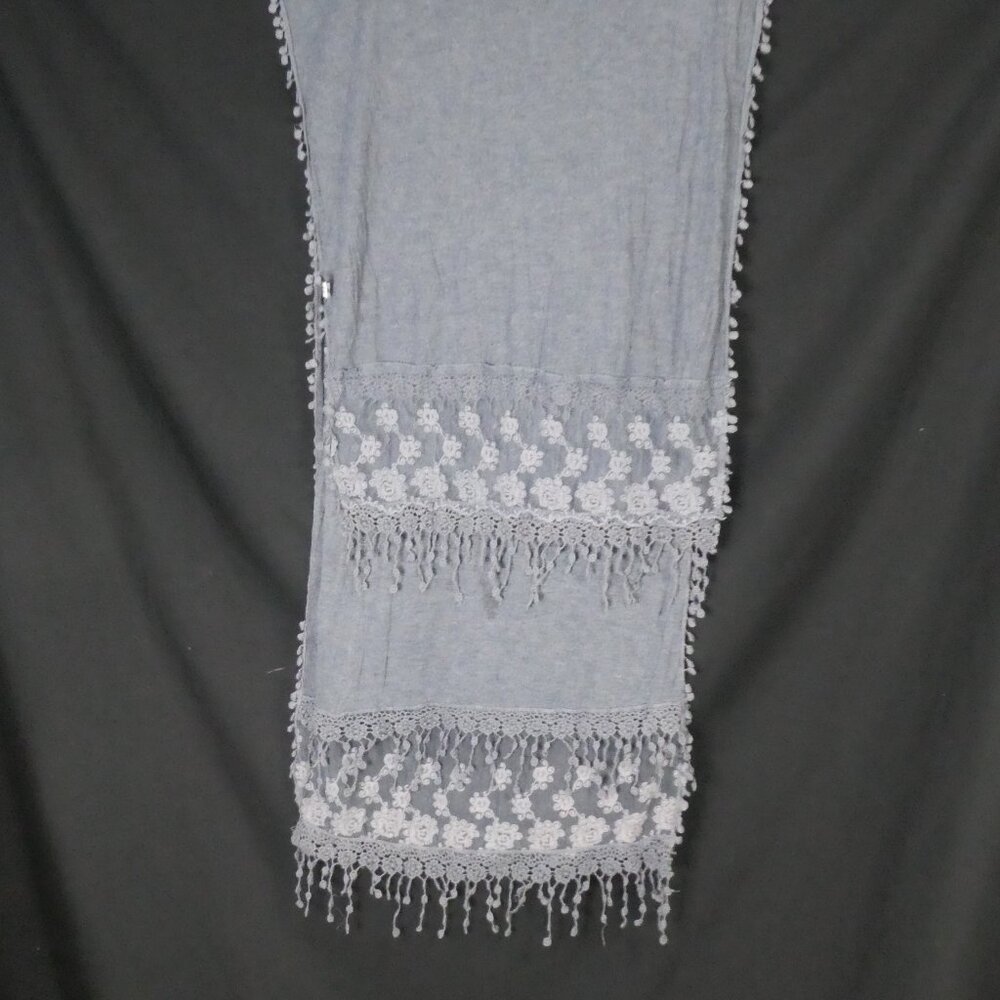 Sheer Gray Fringed Scarf | Lace Floral Ends
